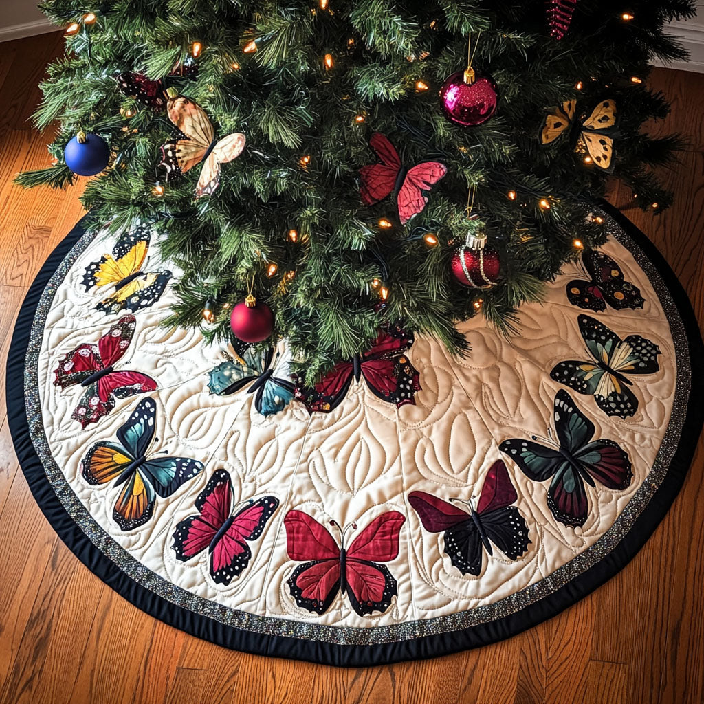 Butterfly Serenade Quilted Christmas Tree Skirt Seasonal Tree Area Decoration