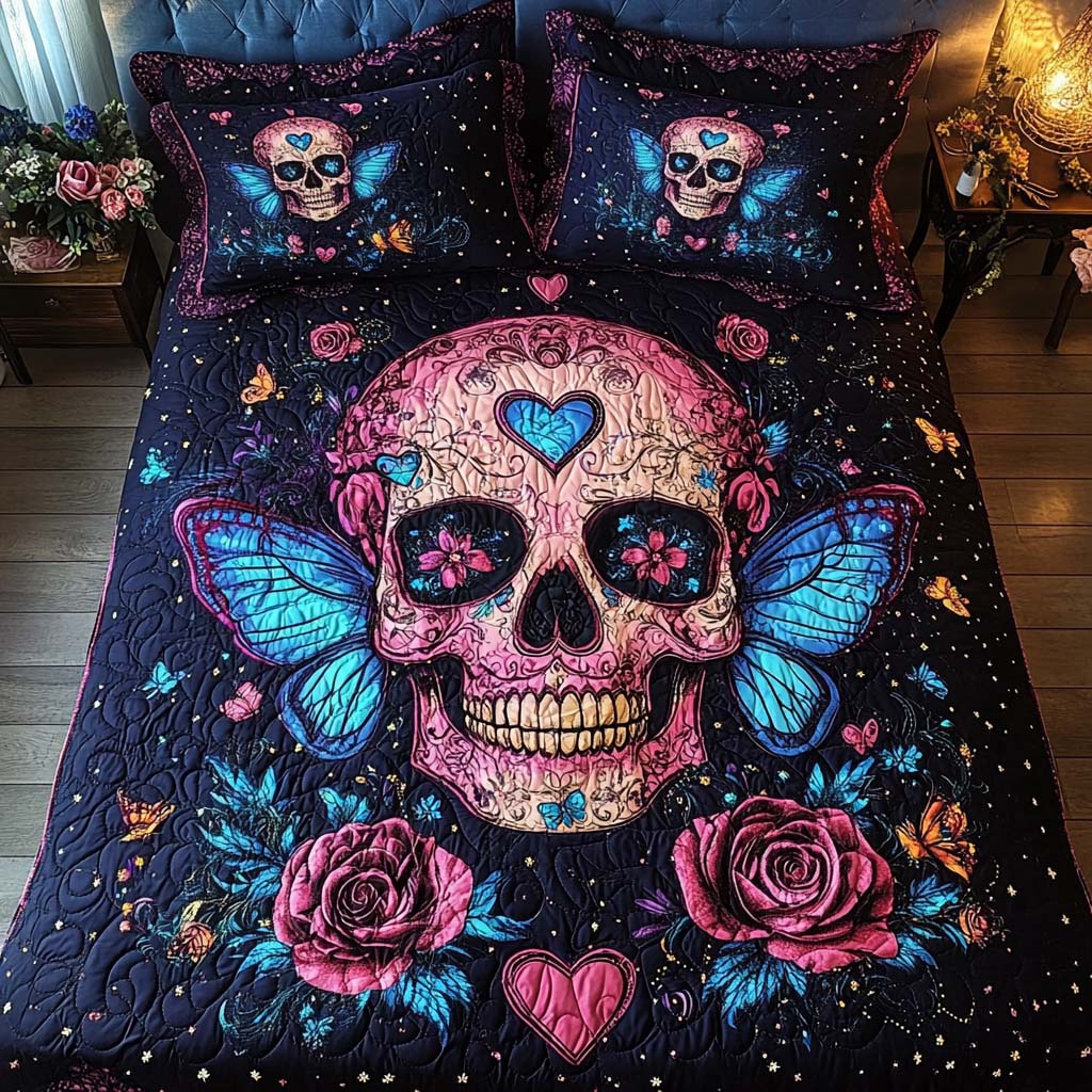 Butterfly Skull Love Quilted Bedding Set Best Bed Sheet Set Skull Gifts For Her