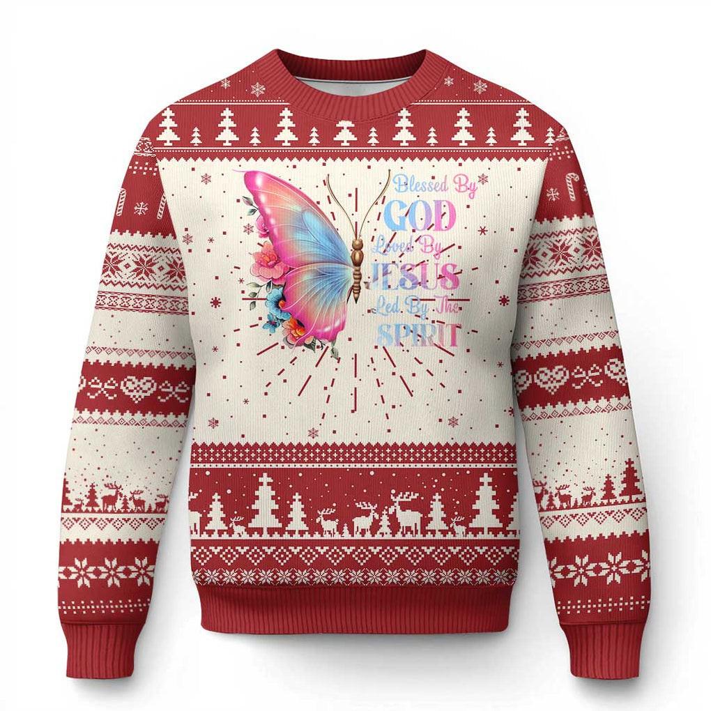 Butterfly Ugly Christmas Sweater Blessed By God Loved By Jesus Led By The Spirit Gift Ideas