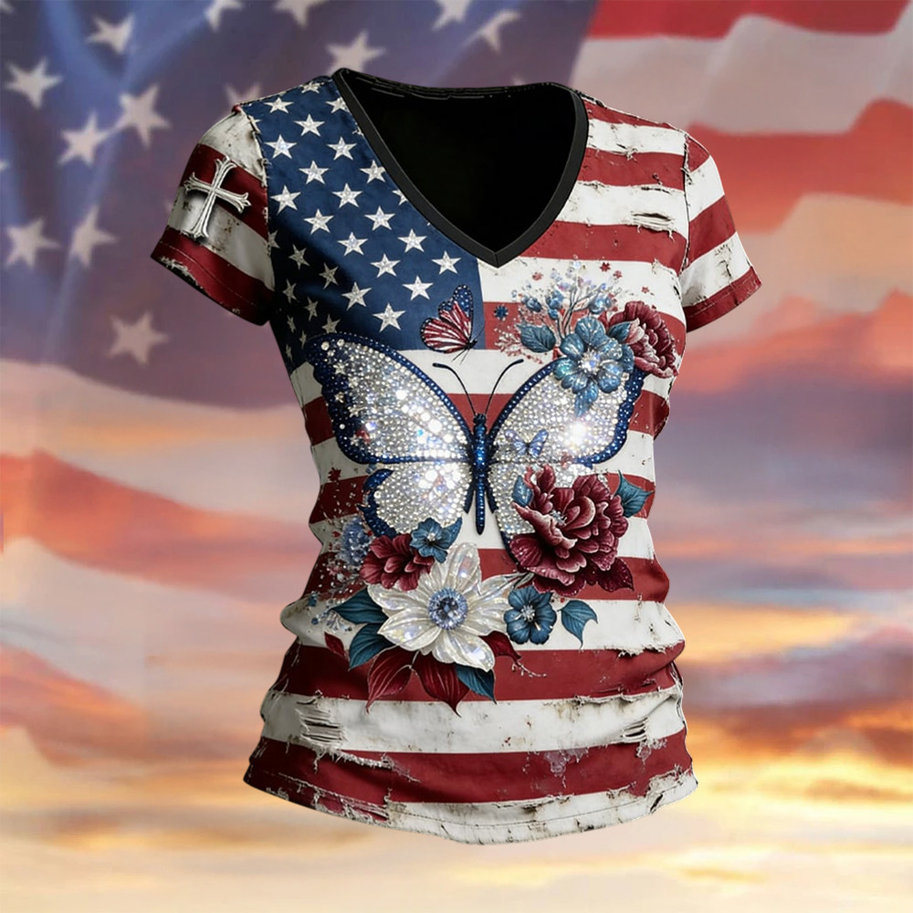 Butterfly US 250Th Anniversary V-Neck Shirt America's 250th Birthday Shirt Patriotic Gifts