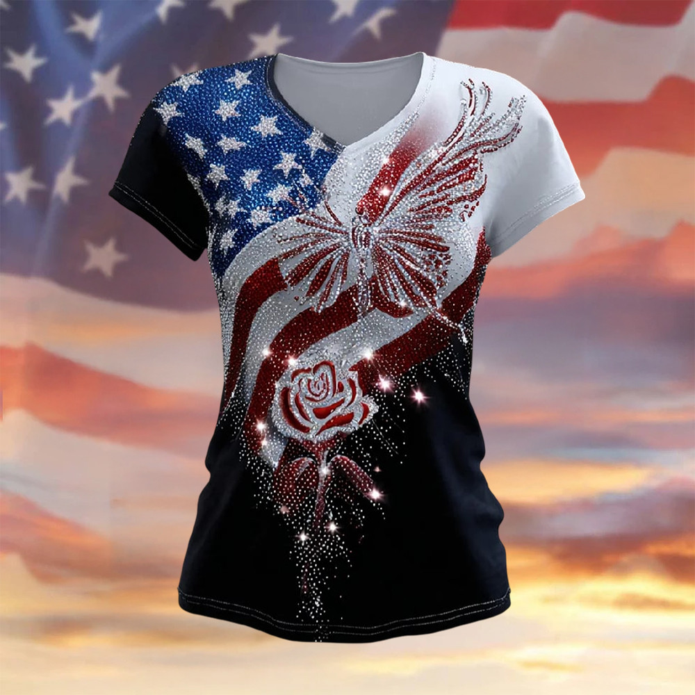 Butterfly USA 250 Years Of Freedom V-Neck Shirt 4Th Of July Outfits Present For Women