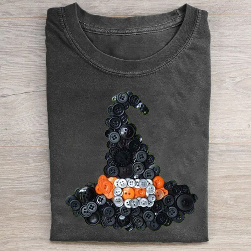 Button Witch Hat Design Graphic T-Shirt Funny Halloween Merch Best Gift For Women