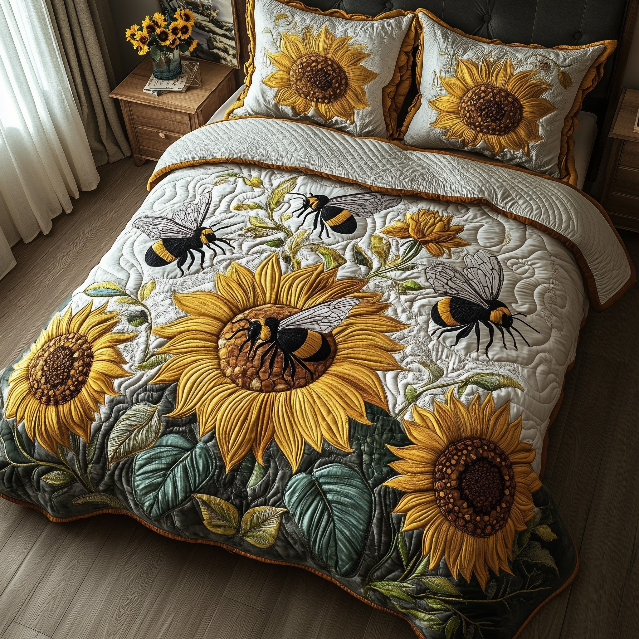 Buzzing Blossoms Quilted Bedding Set Duvet Cover Bed Sheet Bee Gifts For Men