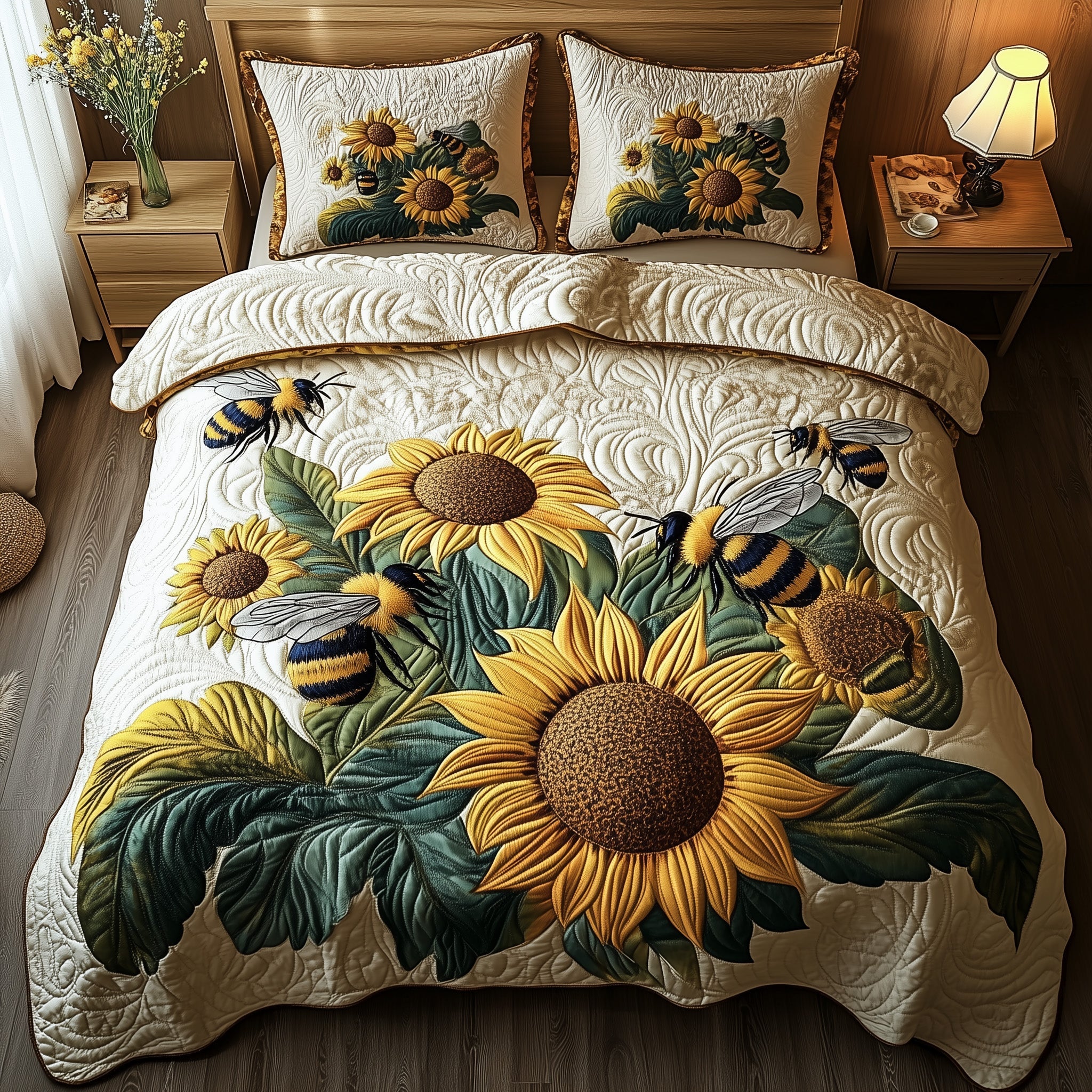 Buzzing Blossoms Quilted Bedding Set Duvet Cover Bed Sheet Bee Inspired Gifts