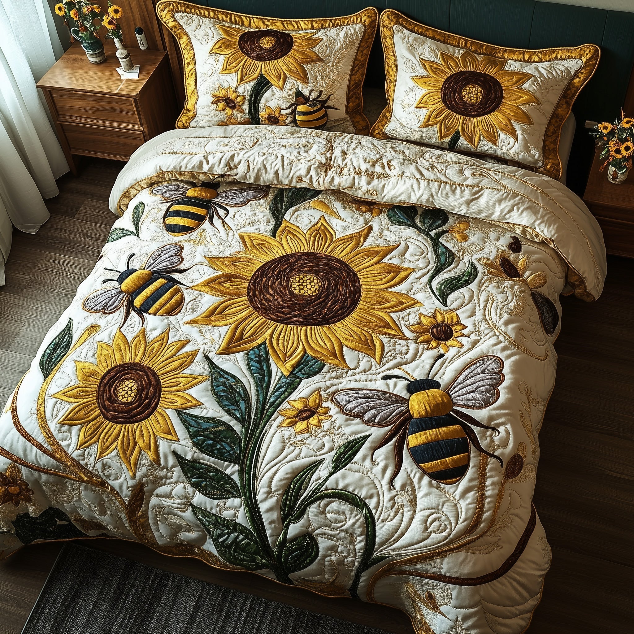 Buzzing Blossoms Quilted Bedding Set Duvet Cover Bed Sheet Best Gifts For Beekeepers