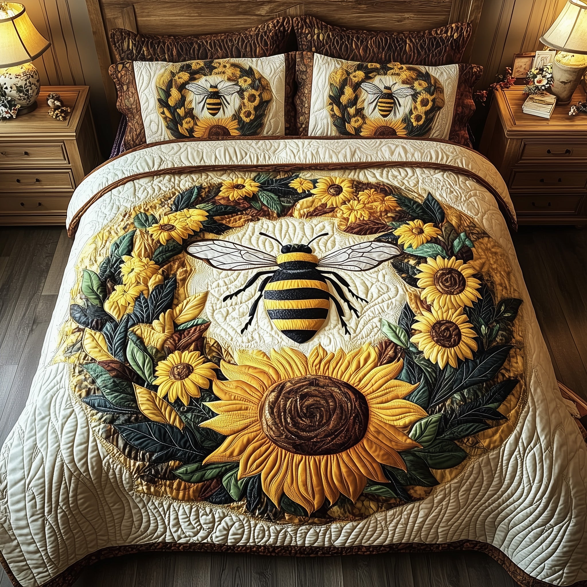 Buzzing Blossoms Quilted Bedding Set Duvet Cover Bed Sheet Bumblebee Gifts For Her