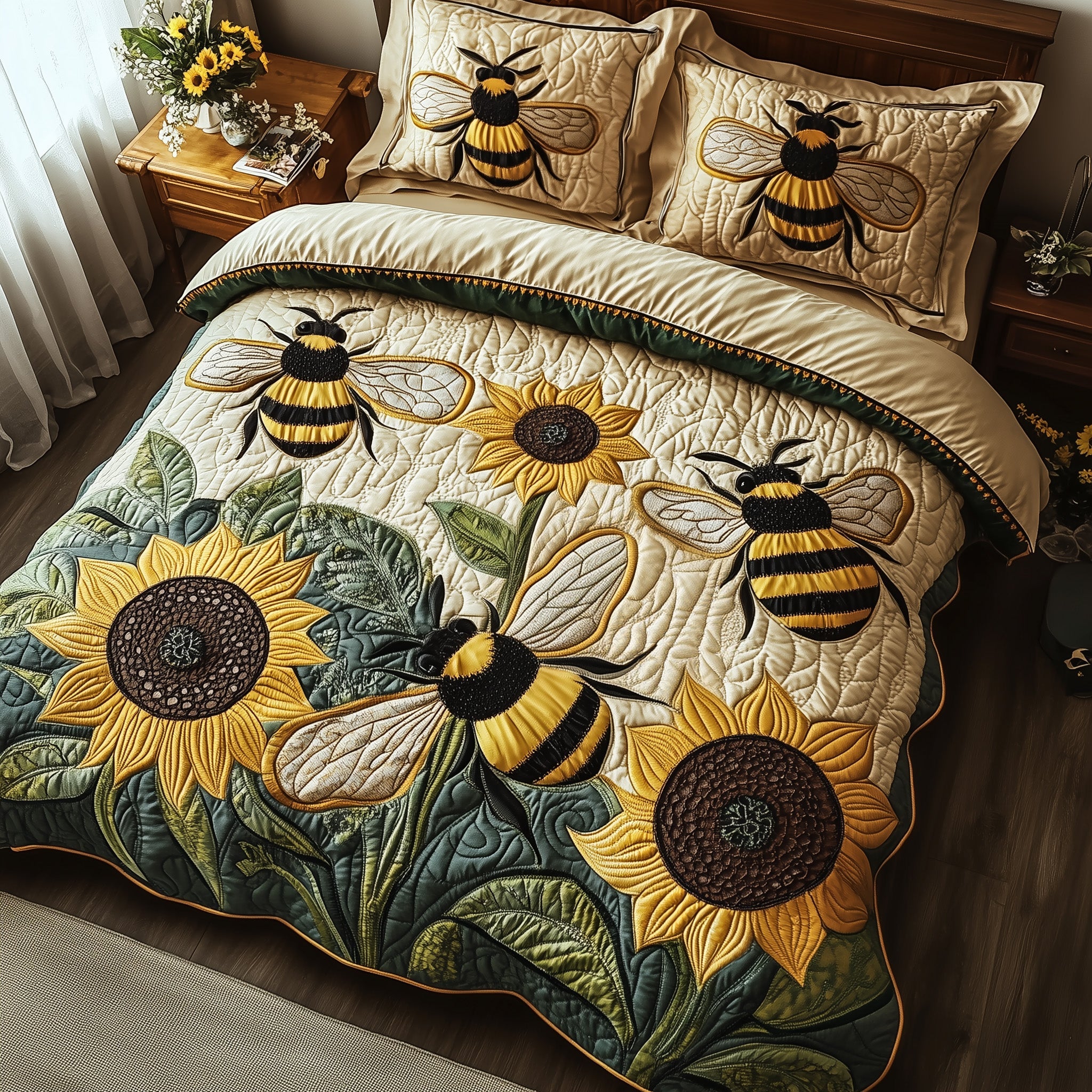 Buzzing Blossoms Quilted Bedding Set Duvet Cover Bed Sheet Gift Ideas For Bee Lovers