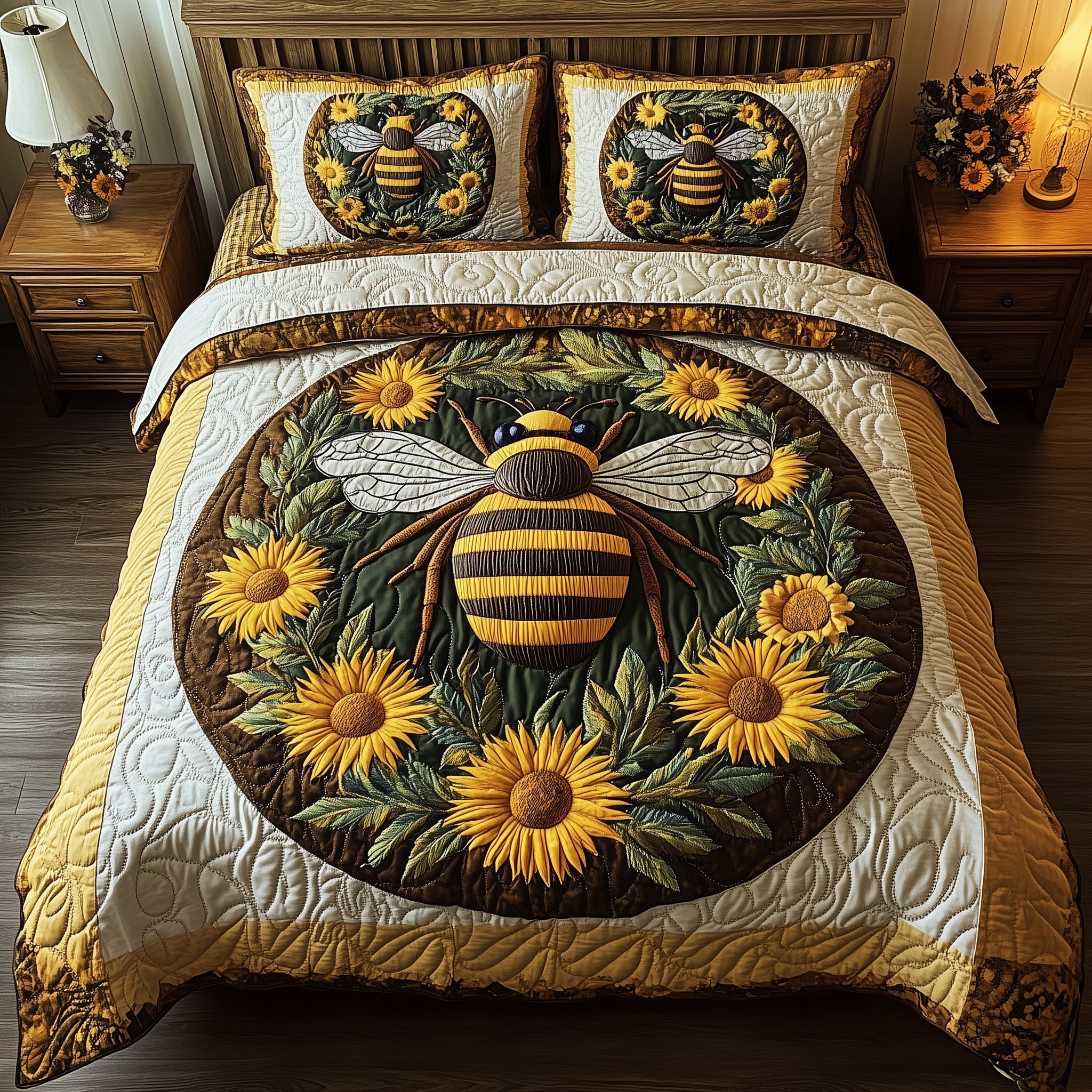 Buzzing Blossoms Quilted Bedding Set Duvet Cover Bed Sheet Honey Themed Gifts