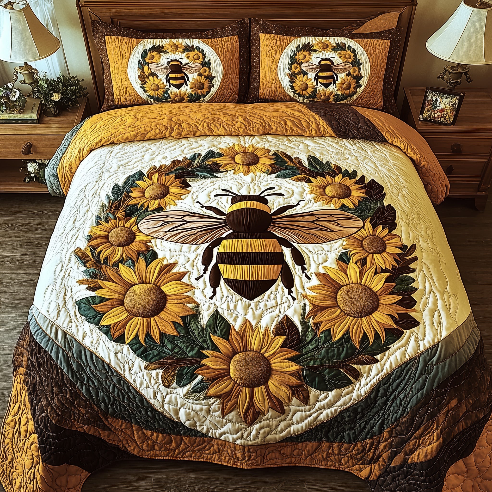 Buzzing Blossoms Quilted Bedding Set Duvet Cover Bed Sheet Presents For Beekeepers