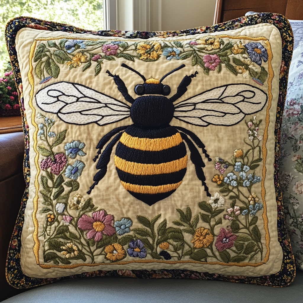 Buzzing Flower Quilted Pillow Case Cute Pillow Covers Gifts With Bee Theme