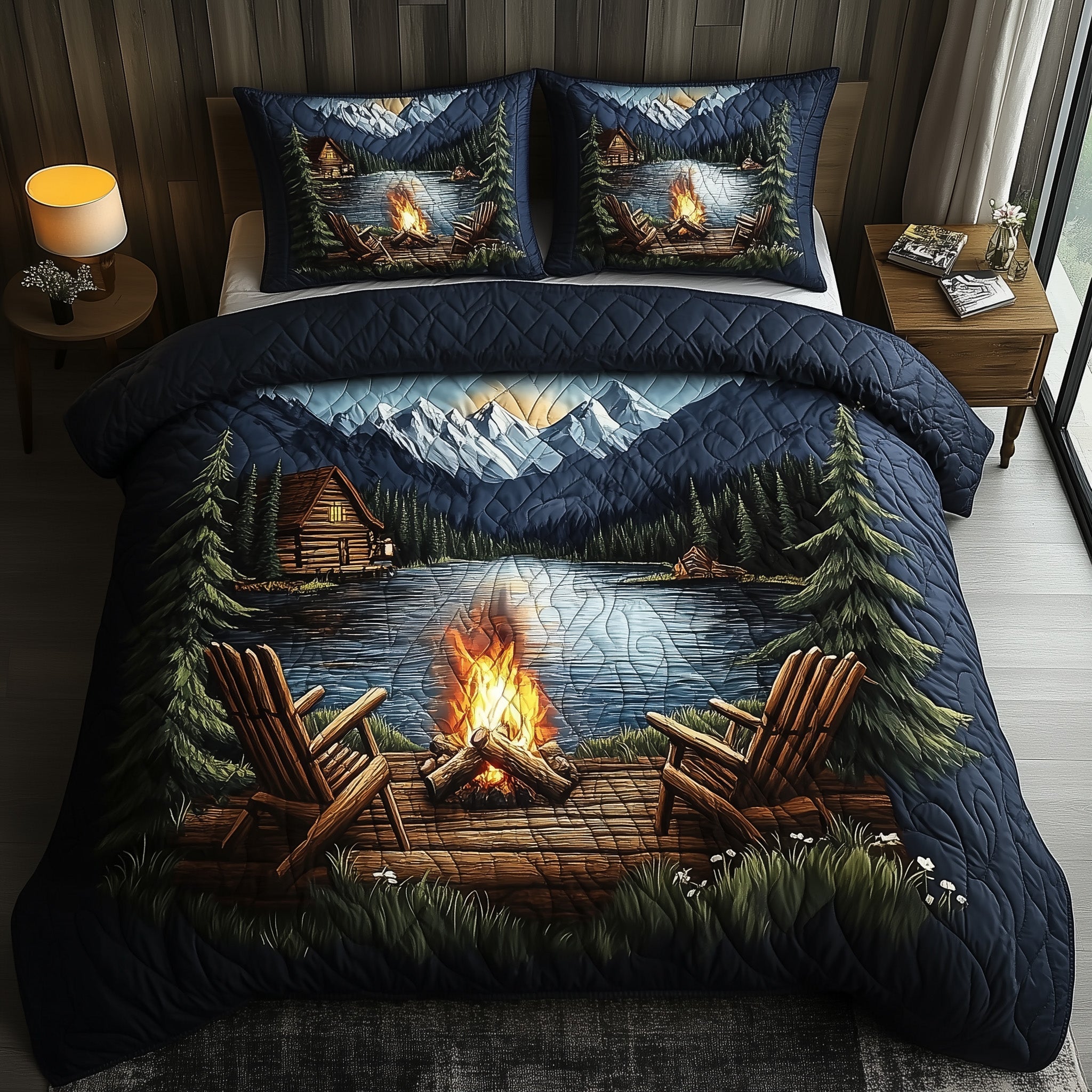 Cabin Comfort Christmas Quilted Bedding Set Duvet Cover Bedspread Gifts For Camping Lovers