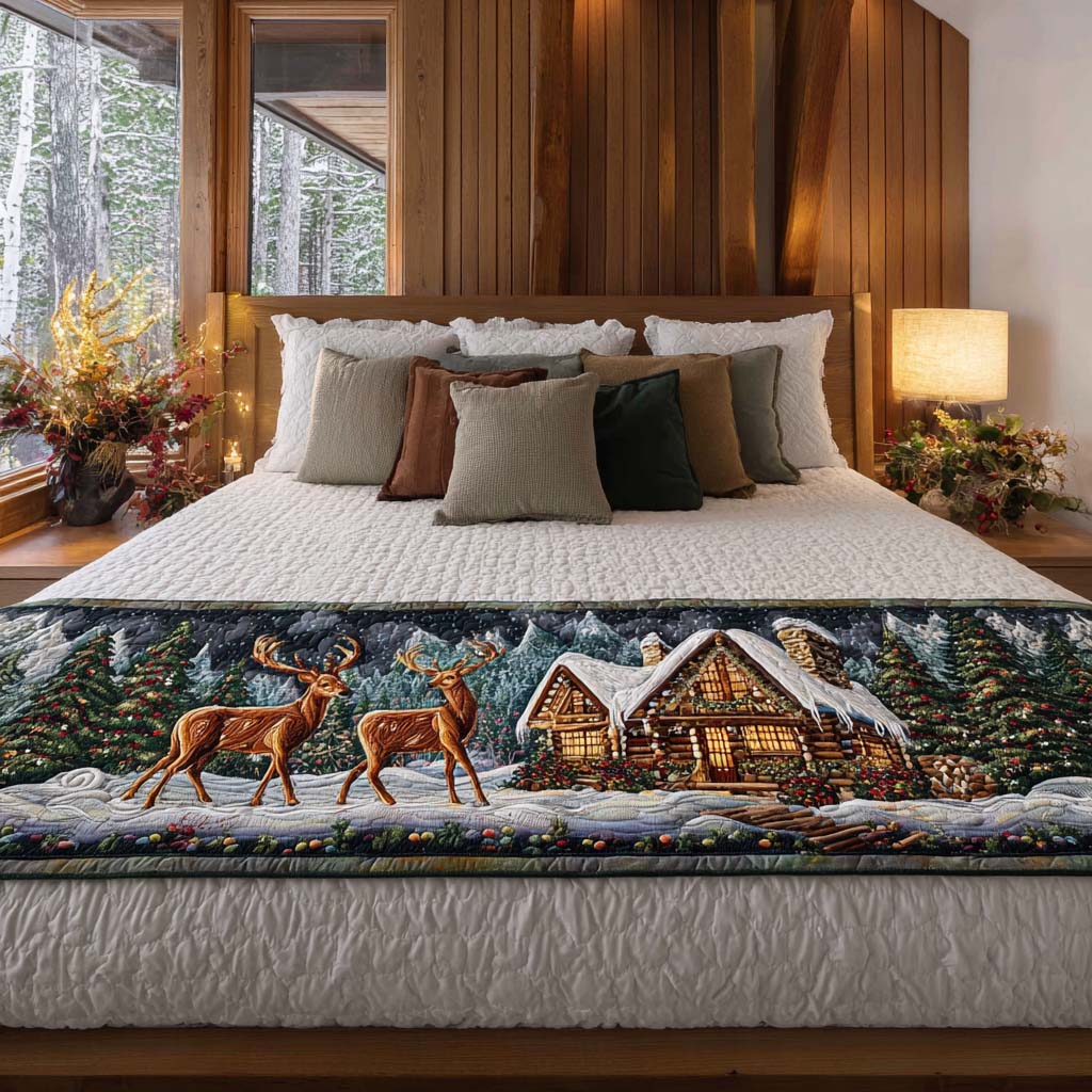 Cabin Heartbeat Calm Quilted Bed Runner Bed Room Decoration Forest Themed Gifts