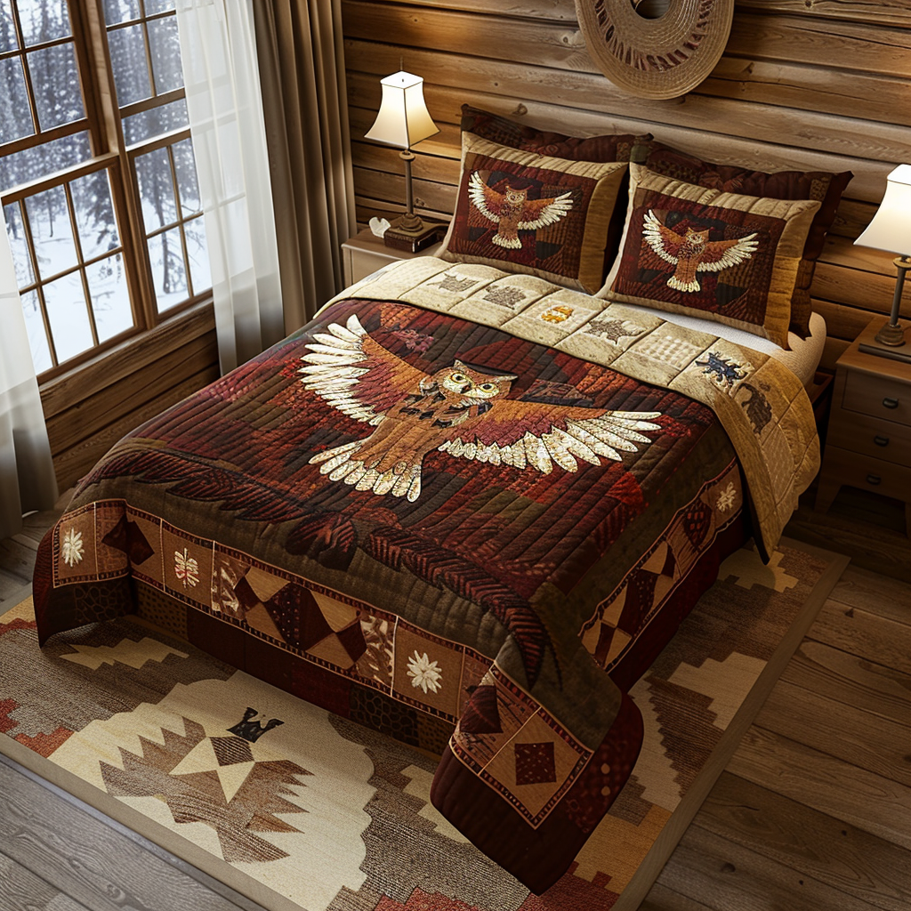 Cabin Owl Quilted Bedding Set Cute Room Decor Owl Gifts For Women