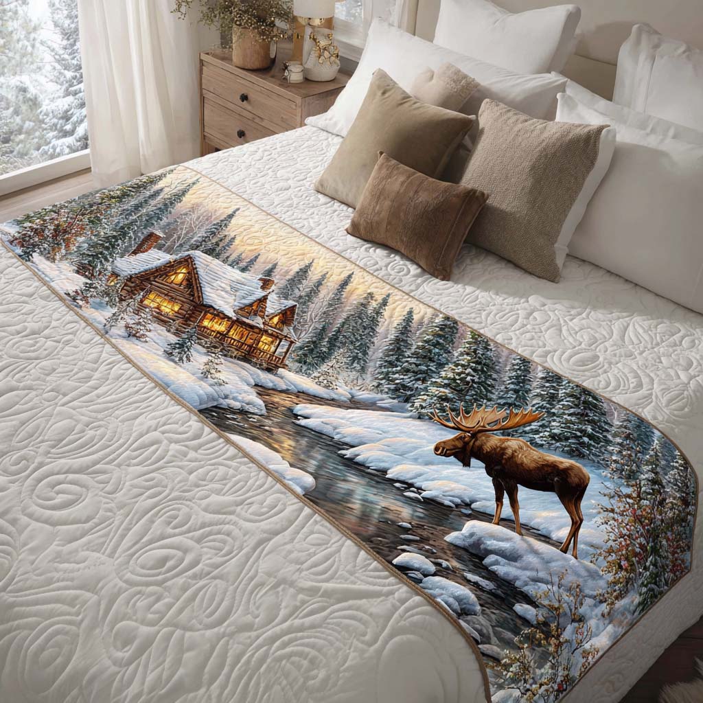 Cabin Snow Drift Quilted Bed Runner Bed Room Decoration Unique Nature Lover Gifts