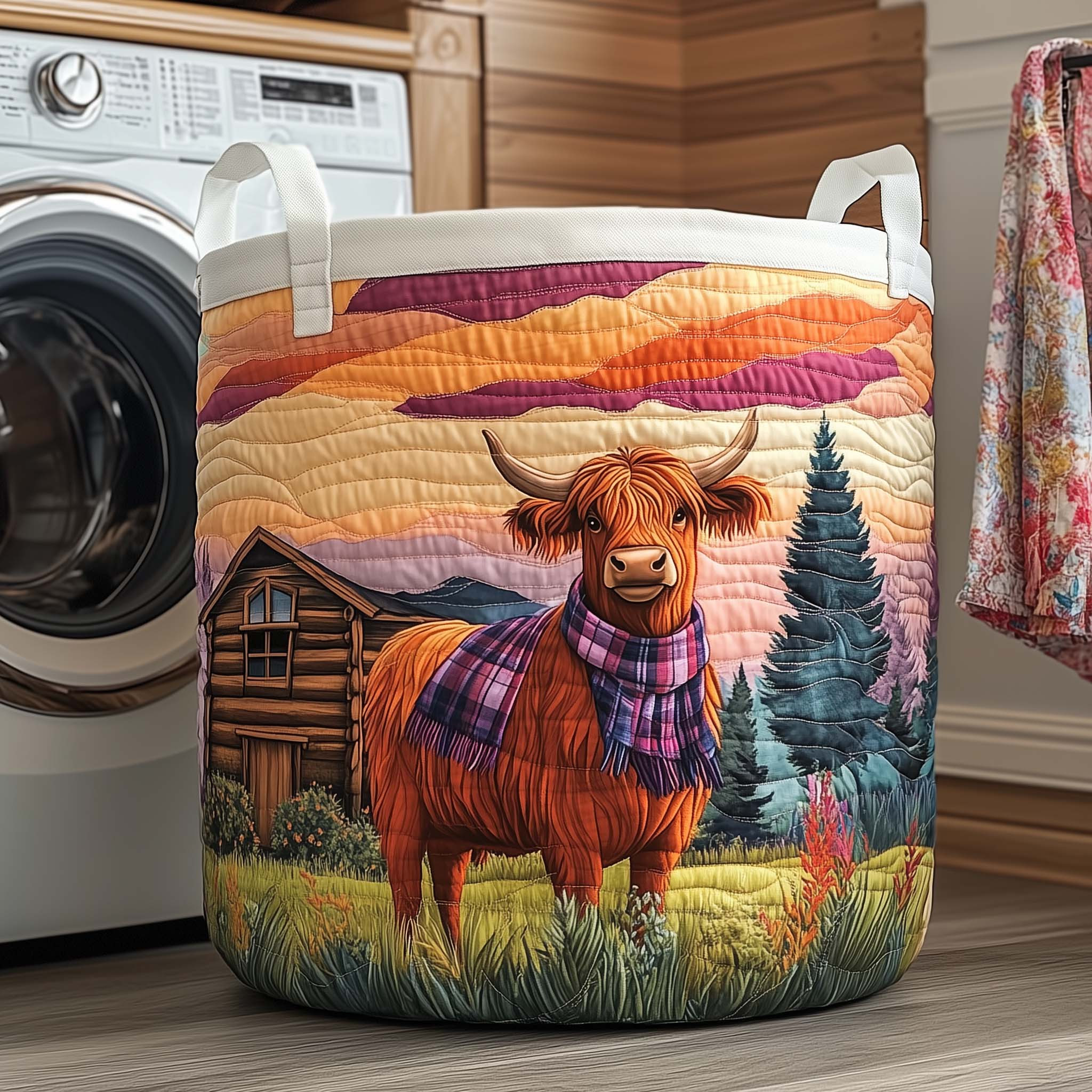 Cabin Sunset Quilted Laundry Basket Animal Themed Cozy Home Decor Cow Lover Gifts