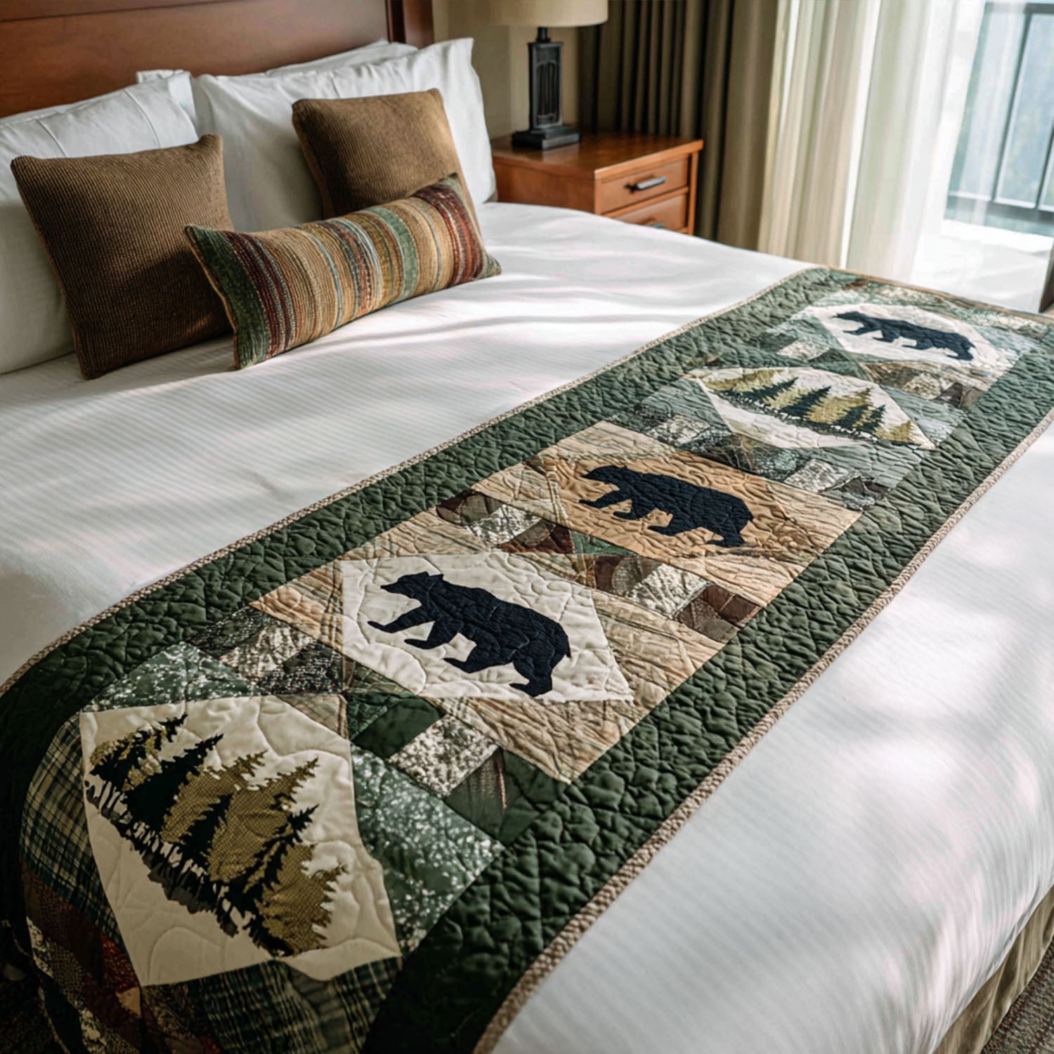 Cabin Tracks Quilted Bed Runner Cozy Bedroom Decor Unique Nature Lover Gifts
