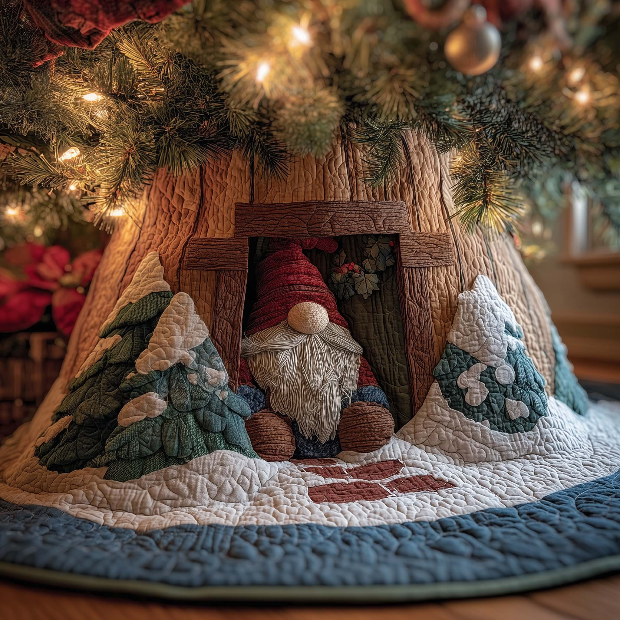 Cabin Window Gnome Quilted Tree Skirt Holiday Home Decor Christmas Gifts For Nature Lovers