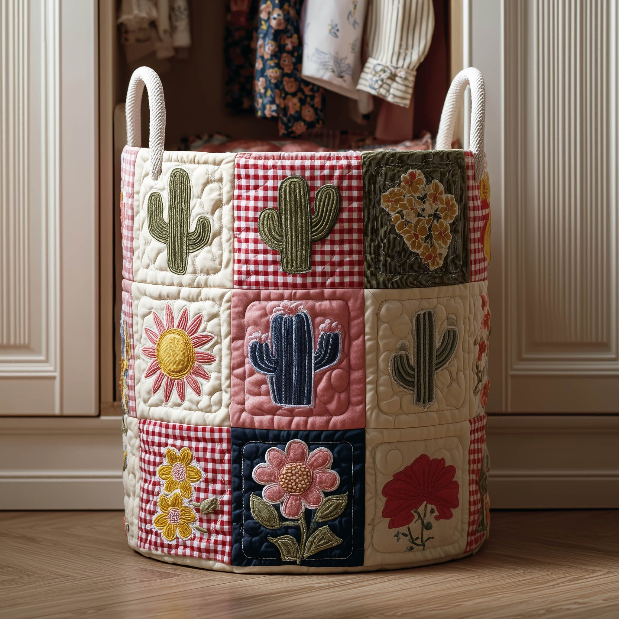 Cacti Patchwork Quilted Laundry Basket Nature Themed Cozy Home Decor Gifts For Gardeners