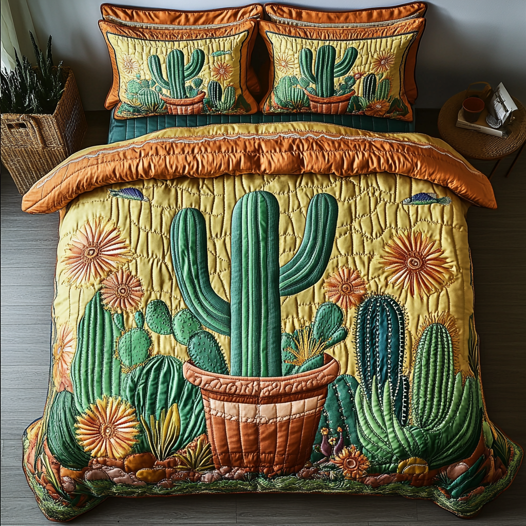 Cactus Blaze Quilted Bedding Set Xmas Holiday Duvet Cover Set Christmas Cactus Gift