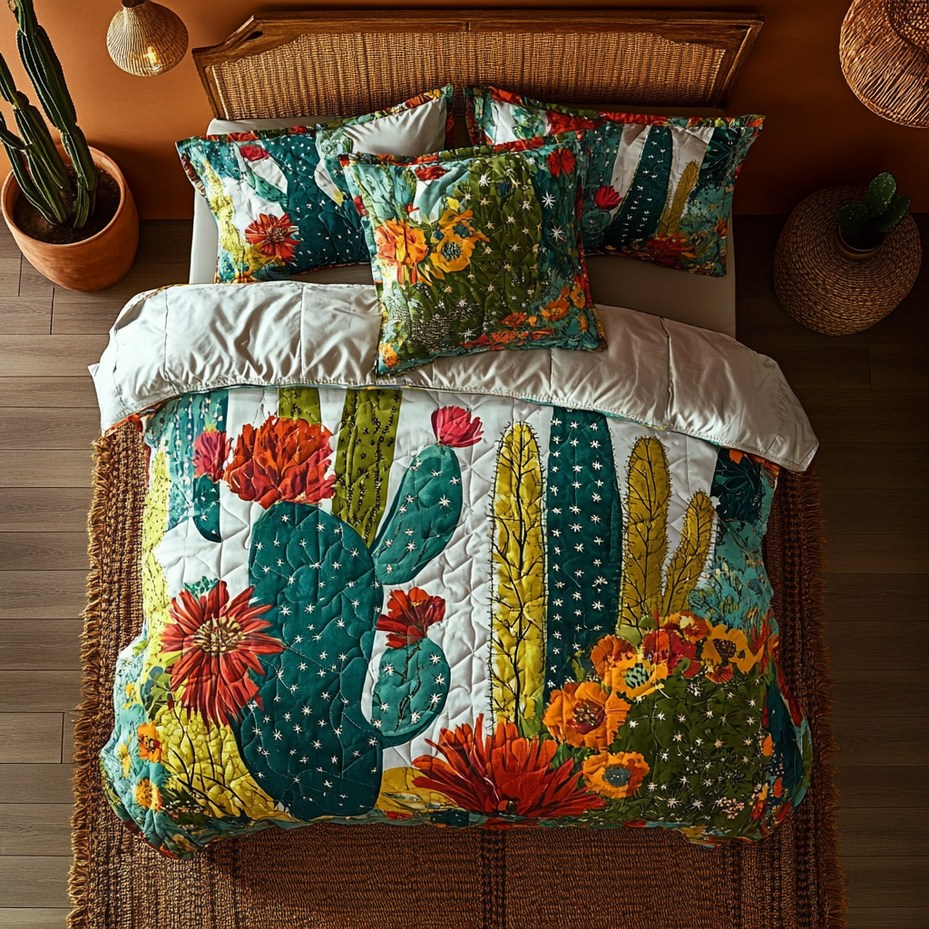Cactus Bloom Harmony Quilted Bedding Set King Size Duvet Cover Useful Gifts For Mom