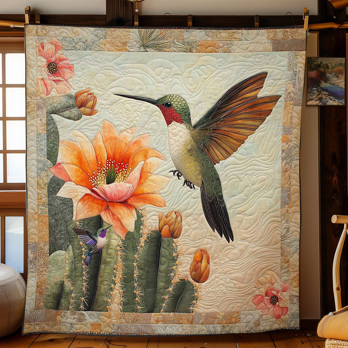 Cactus Bloom Hummingbird Holiday Christmas Quilt Blanket Christmas Gifts For Cactus Lovers
