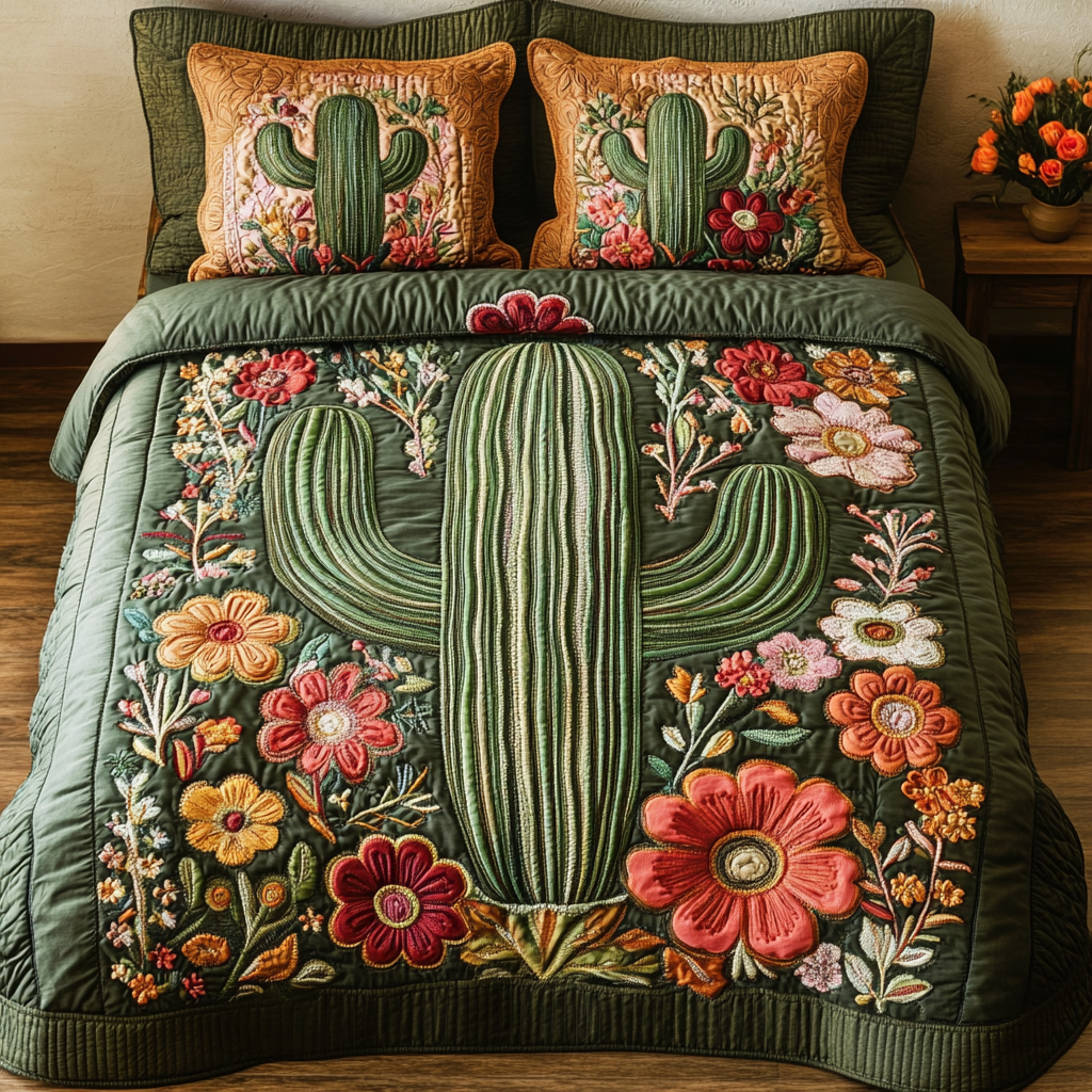 Cactus Bloom Quilted Bedding Set Aesthetic Room Decor Best Unique Cactus Gifts