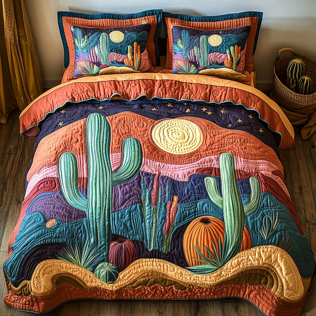 Cactus Bloom Quilted Bedding Set Holiday Duvet Cover Set Cute Cactus Gifts