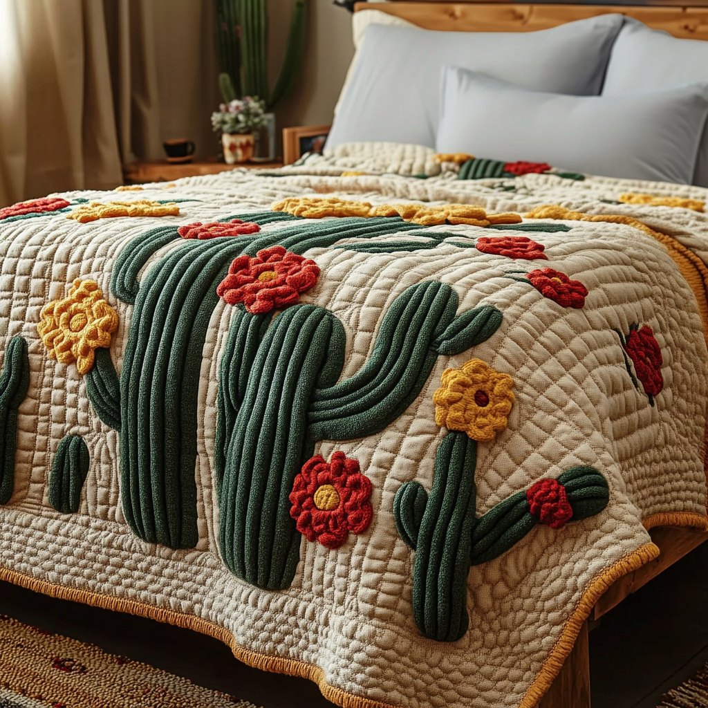 Cactus Bloom Quilted Blanket Cute Blankets For Bed