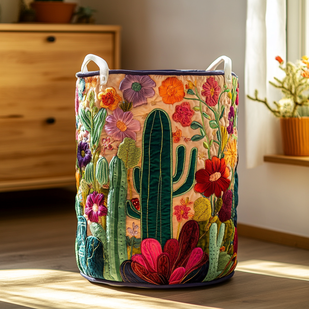Cactus Bloom Quilted Laundry Basket Premium Quilted Laundry Basket with Sturdy Handles