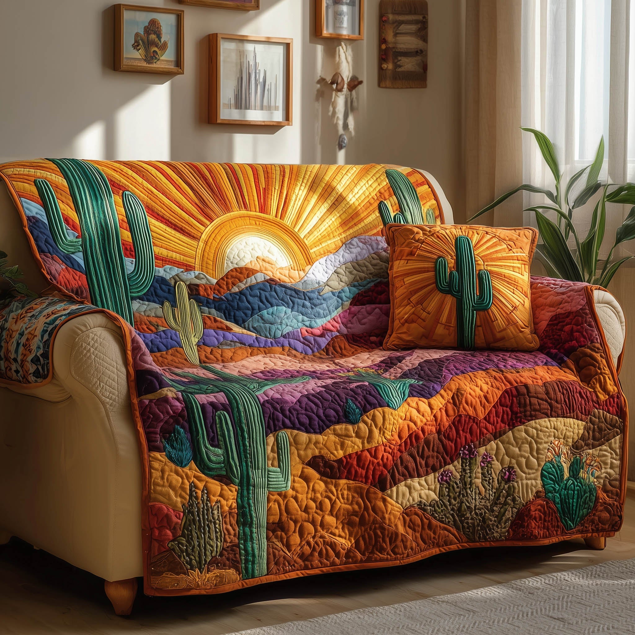 Cactus Bloom Quilted Sofa Cover Desert Flower Cactus Related Gifts For Friends