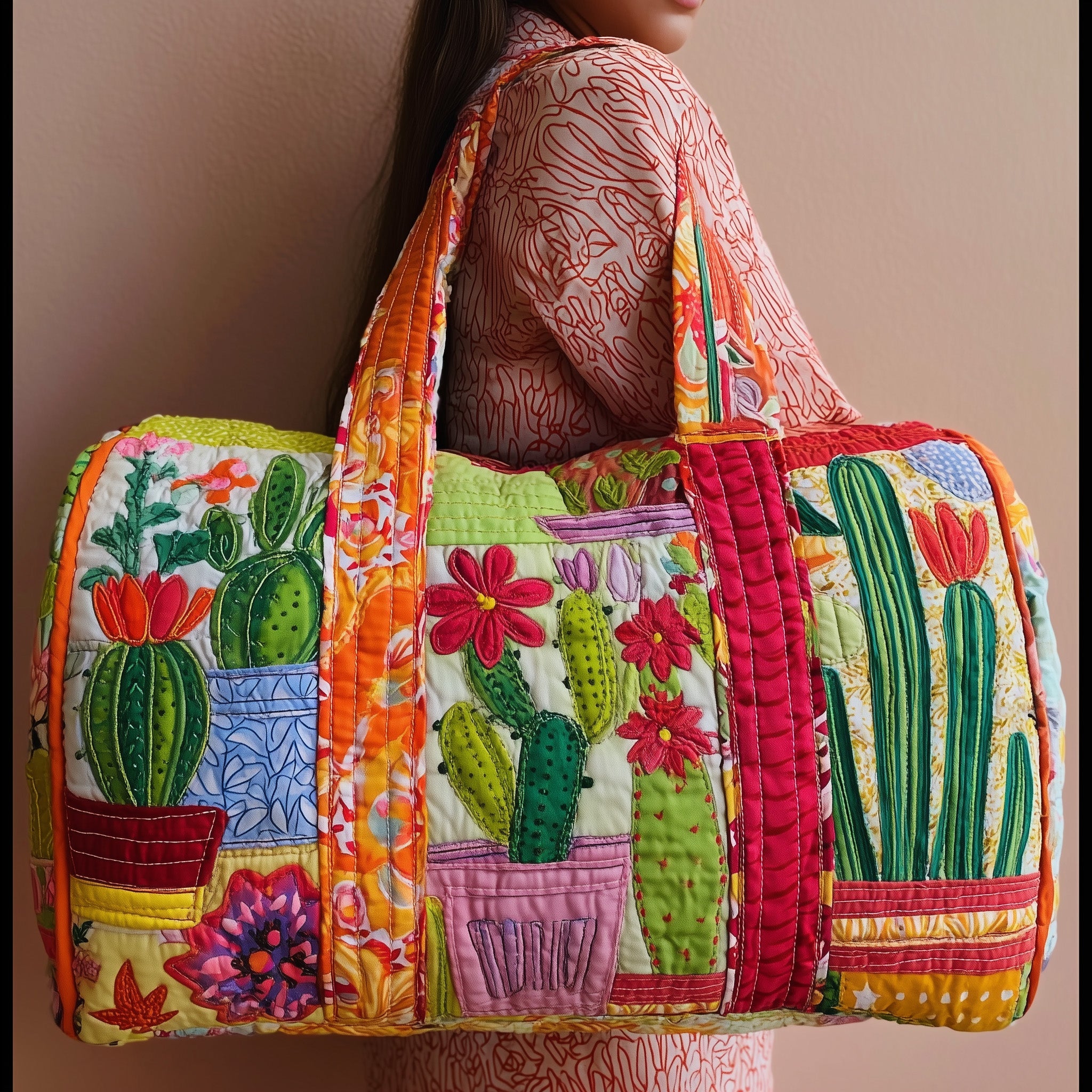 Cactus Charm Quilted Duffle Bag For Daily Commute
