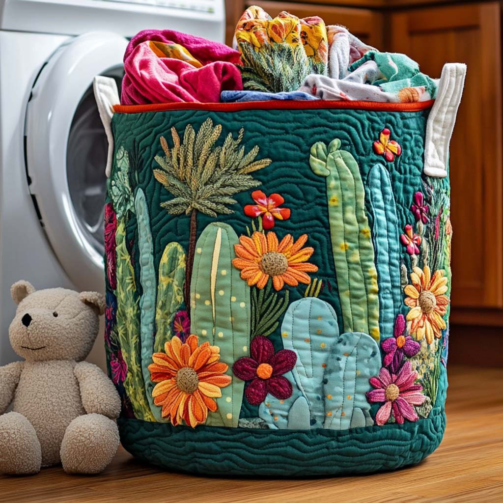 Cactus Charm Quilted Laundry Basket Decorative Quilted Laundry Basket for Neat Spaces