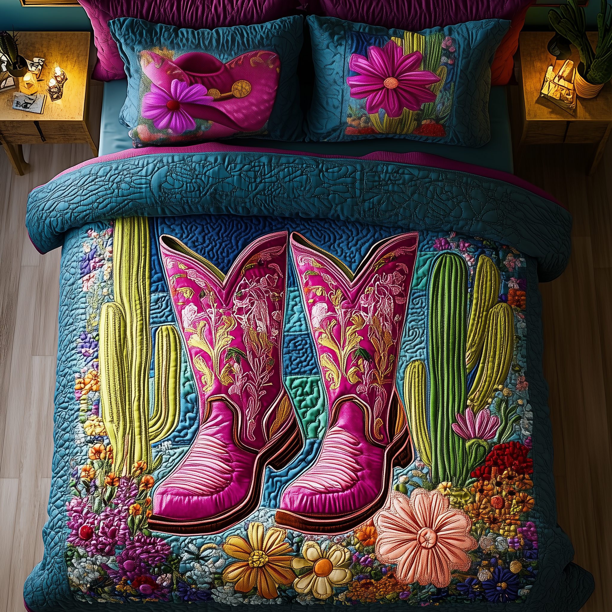 Cactus Cowboy Boot Quilted Bedding Set Christmas Bedding Set Funny Gift Experiences For Couples