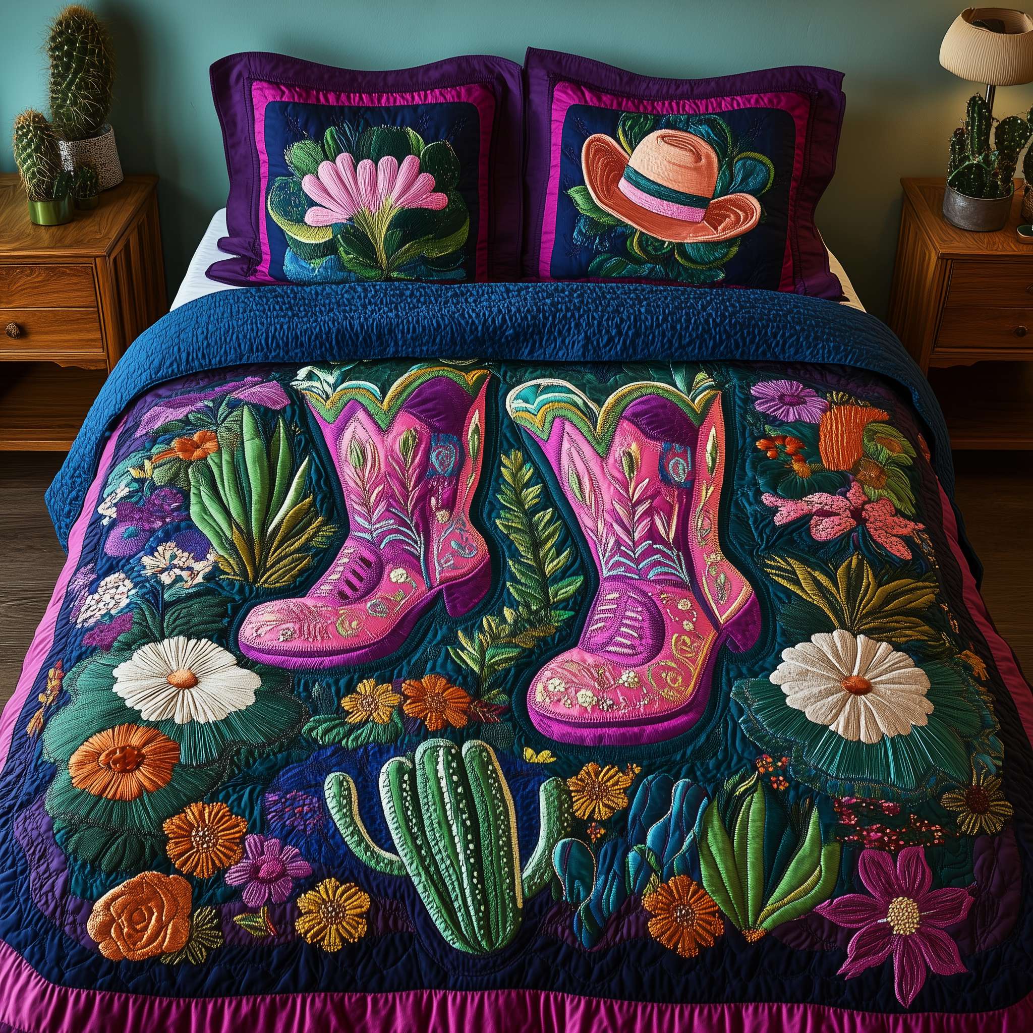 Cactus Cowboy Boot Quilted Bedding Set Xmas Bedding Set 2024 Unique Christmas Gifts For Parents