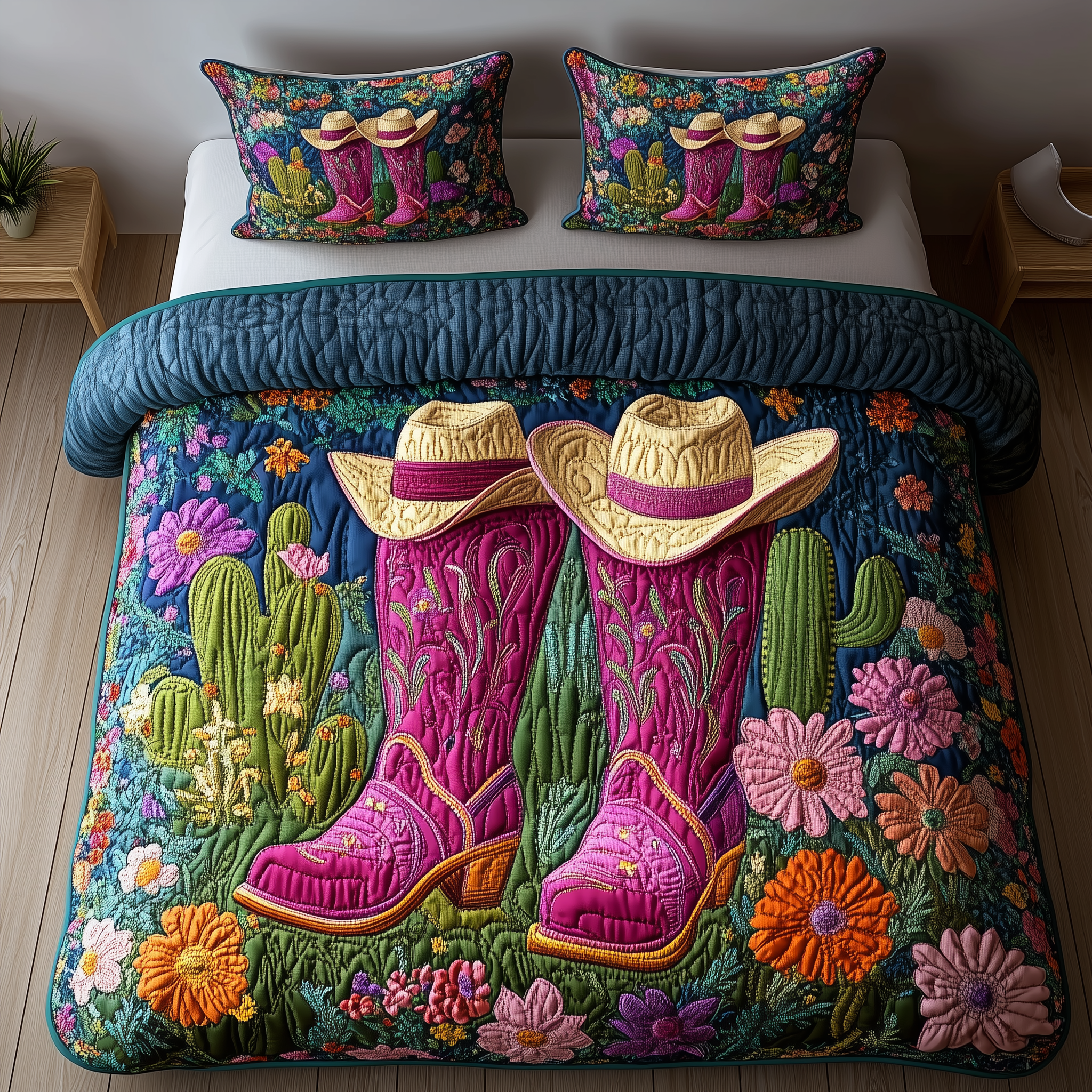 Cactus Cowboy Boot Quilted Bedding Set Xmas Bedding Set Unique Christmas Gifts For Parents