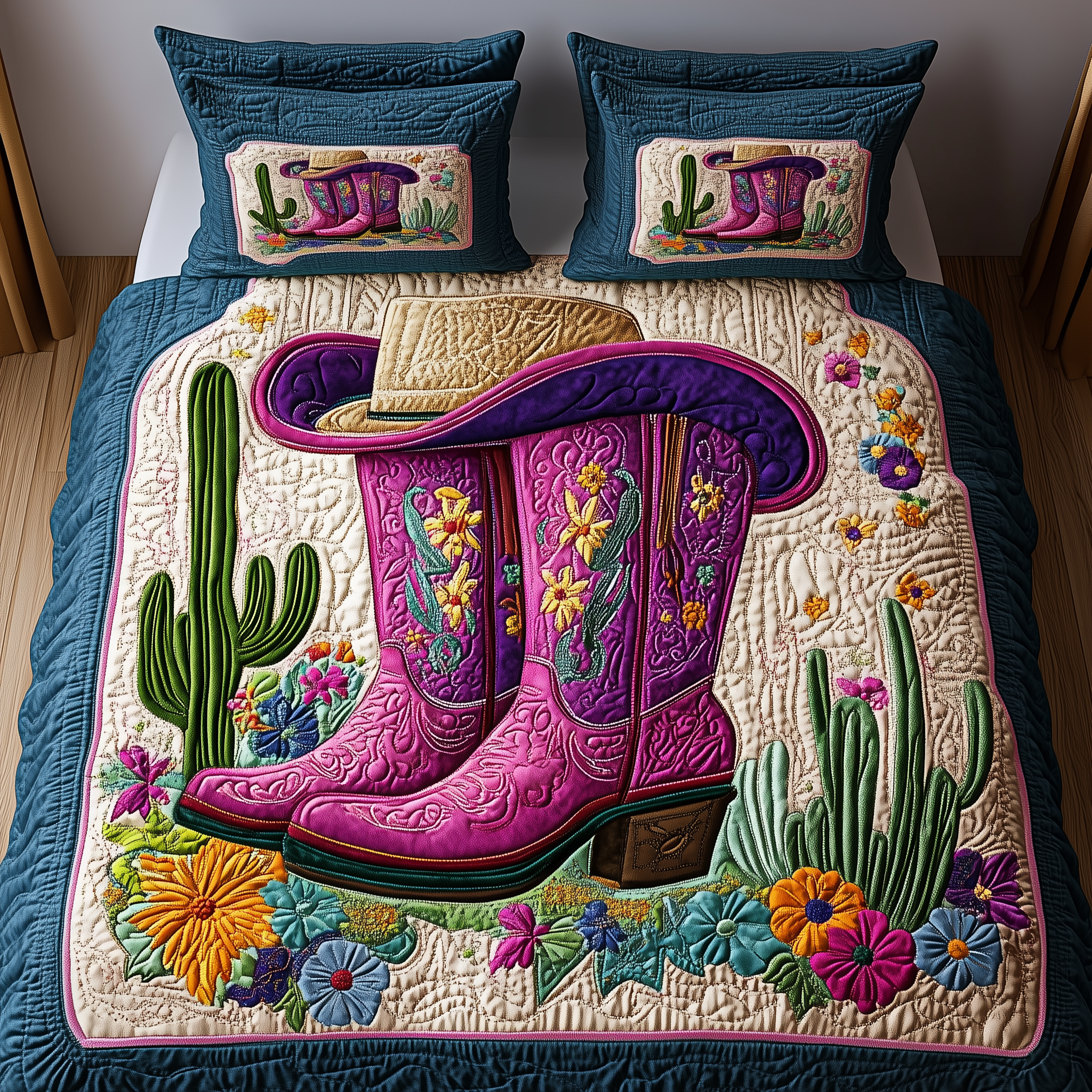 Cactus Cowboy Boot Quilted Bedding Set Xmas Bedding Set Unique Christmas Gifts For Parents
