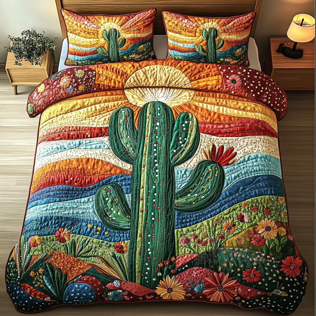 Cactus Delight Quilted Bedding Set Best Bed Sheet Set Cactus Housewarming Gift