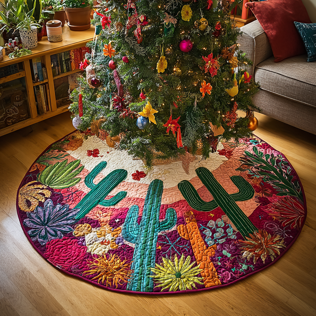 Cactus Dream Christmas Quilted Tree Skirt Cactus Pattern Christmas Decor Ideas