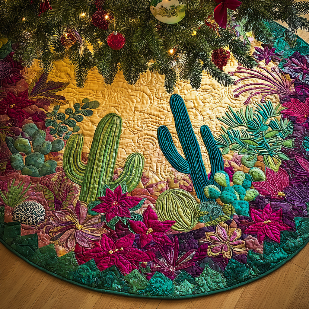 Cactus Garden Christmas Quilted Tree Skirt Plant Themed Christmas Gifts For Cactus Lovers