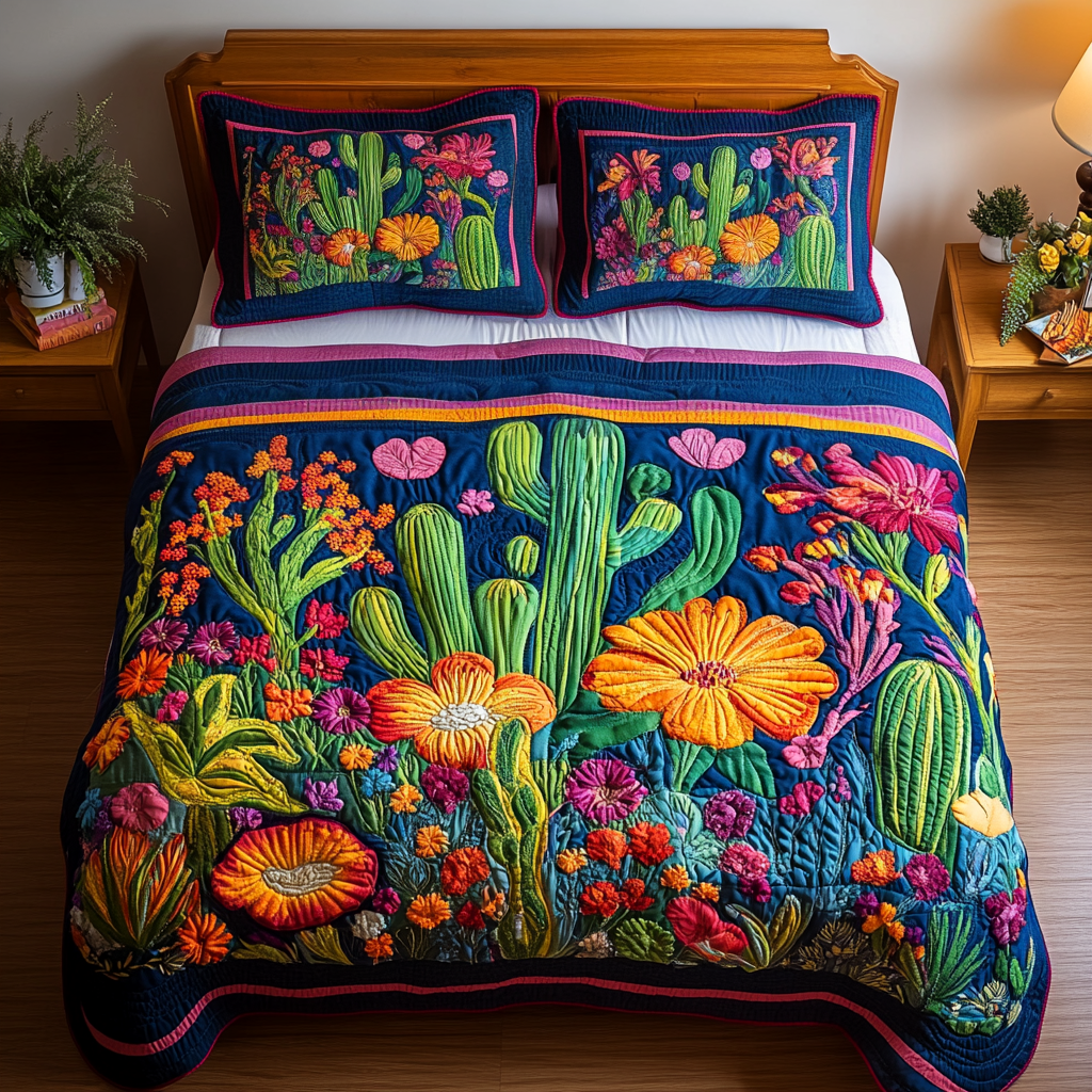 Cactus Garden Quilted Bedding Set King Size Quilt Sets Christmas Presents For Relatives