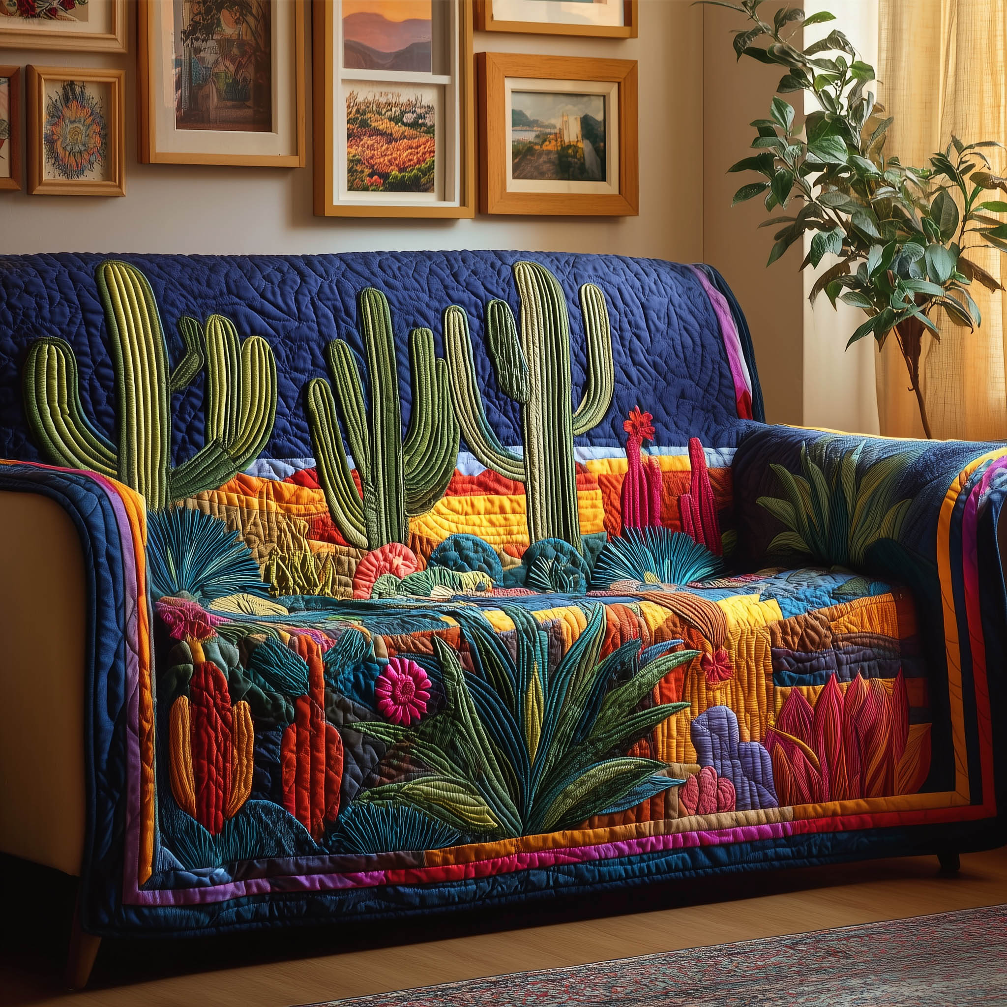 Cactus Garden Quilted Sofa Cover Desert Landscape Plant Design Cactus Related Gifts For Friends