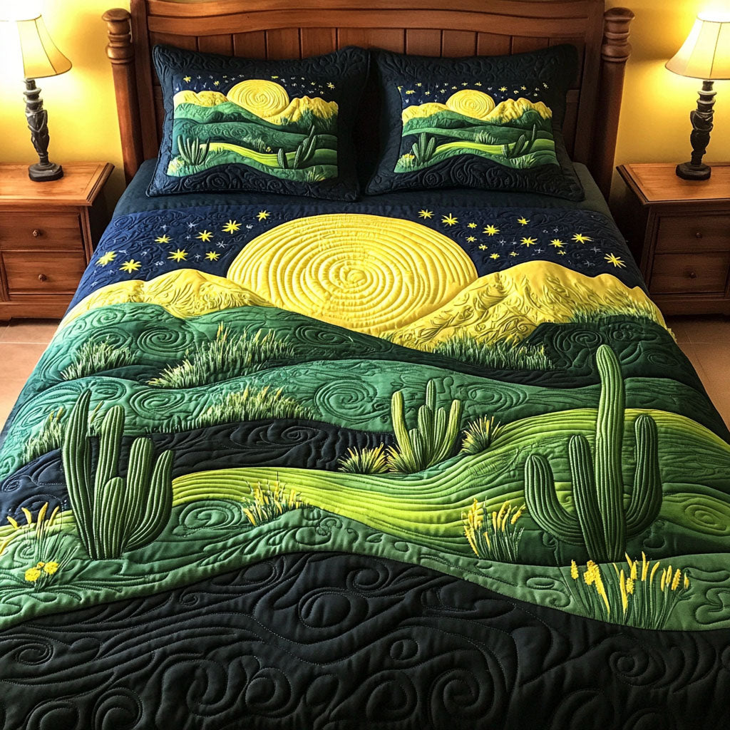 Cactus Glow Quilted Bedding Set Bed Decor Gift For Cactus Lover