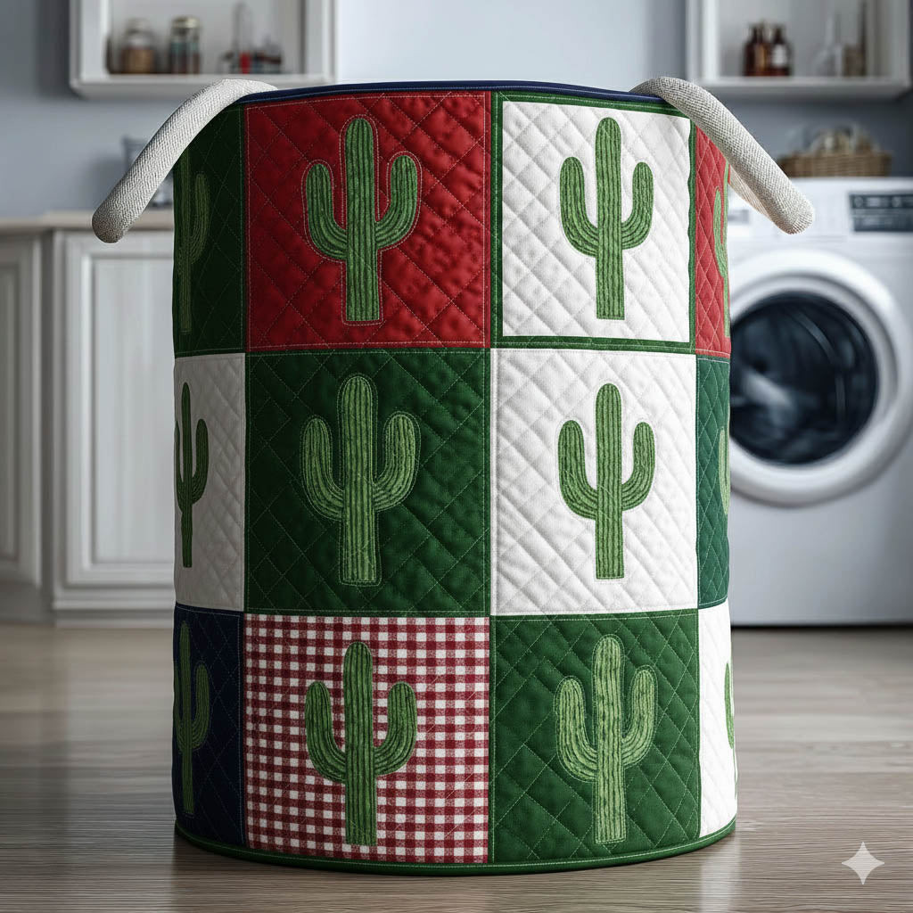 Cactus Graphic Patchwork Quilted Laundry Basket Cozy Home Decor Unique Gifts For Cactus Lovers