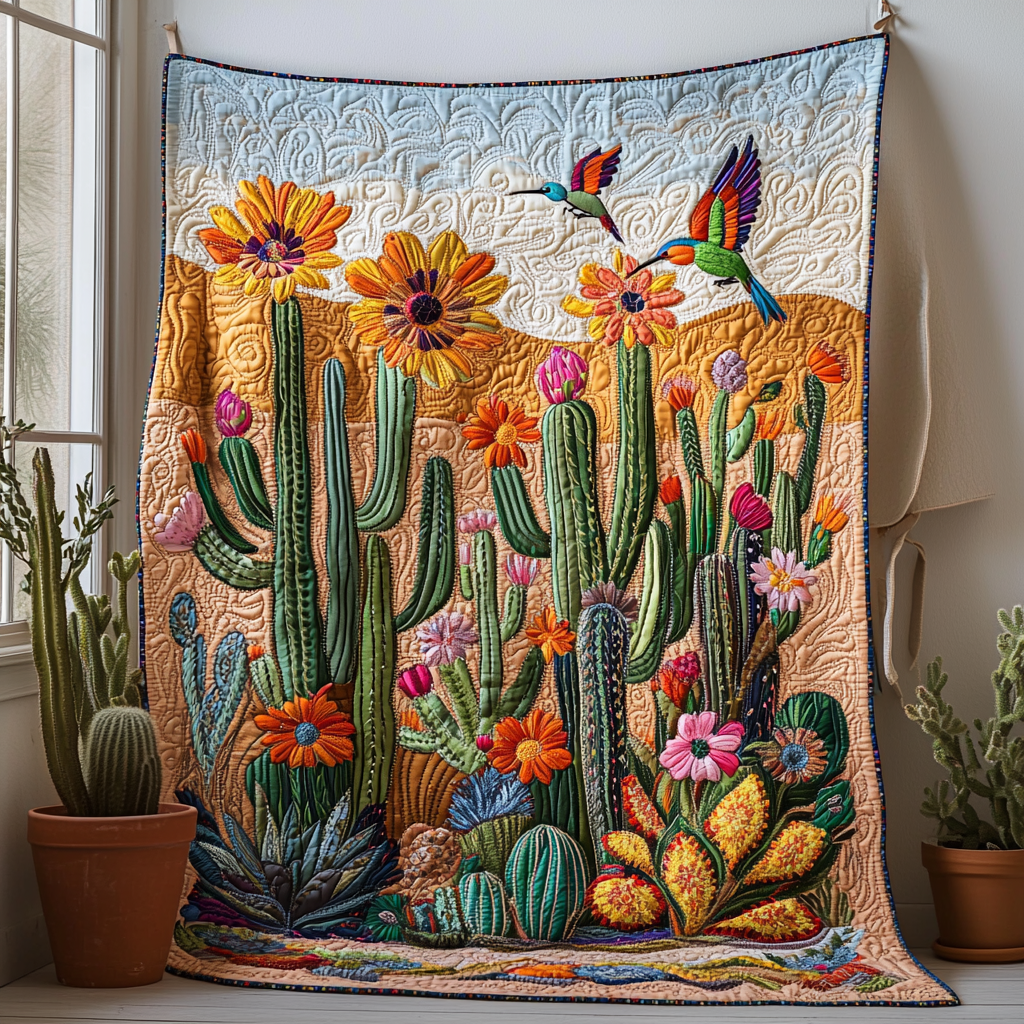 Cactus Haven Quilted Blanket Cute Throw Blanket Gift For Cactus Lover
