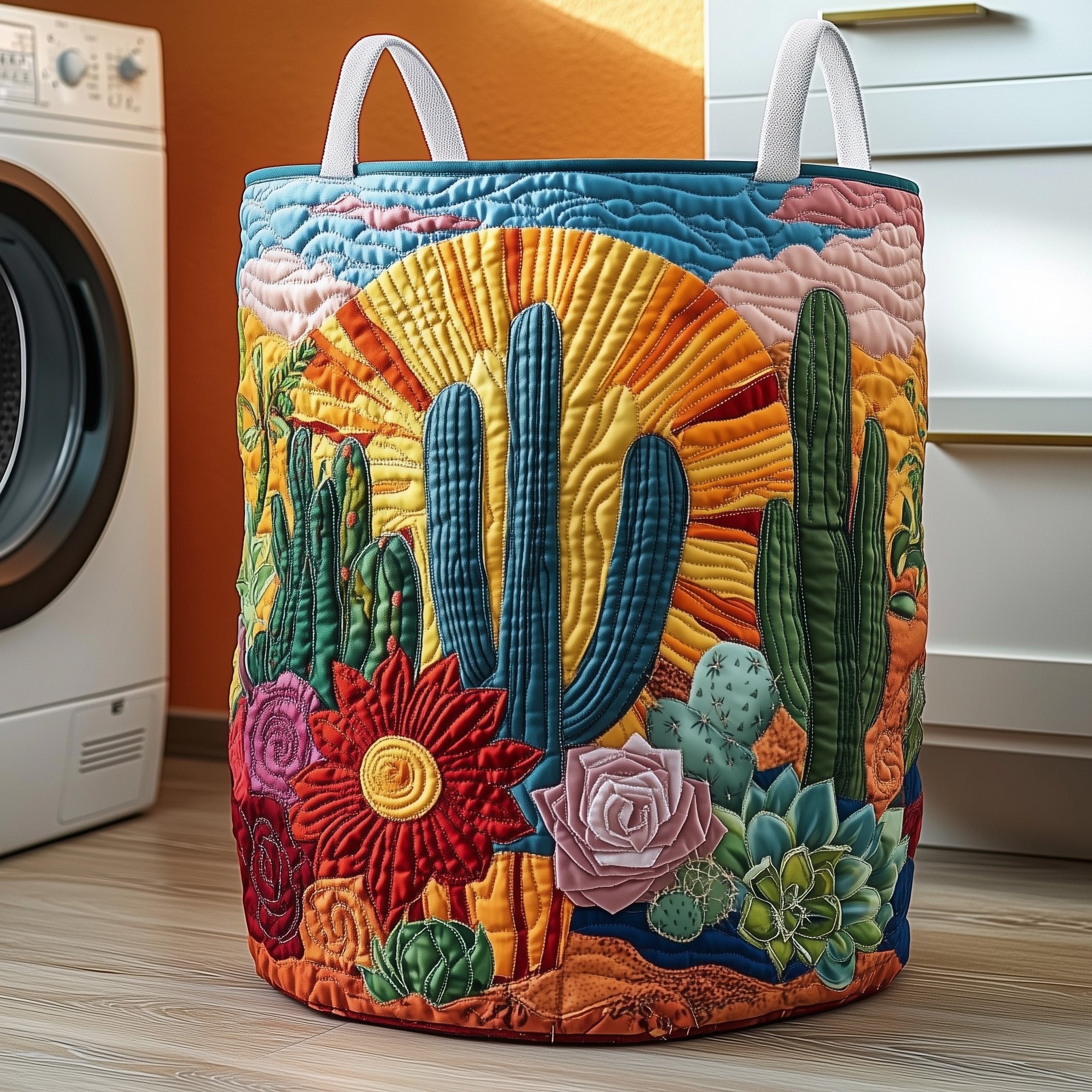 Cactus Haven Quilted Laundry Basket Lovely Cactus Themed Gift For Cactus Collectors