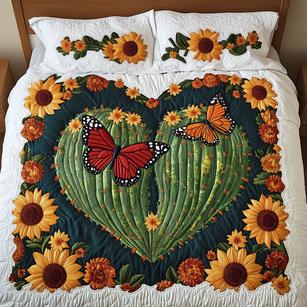 Cactus Heart Quilted Bedding Set Best Bed Sheet Set Succulent Gift Ideas