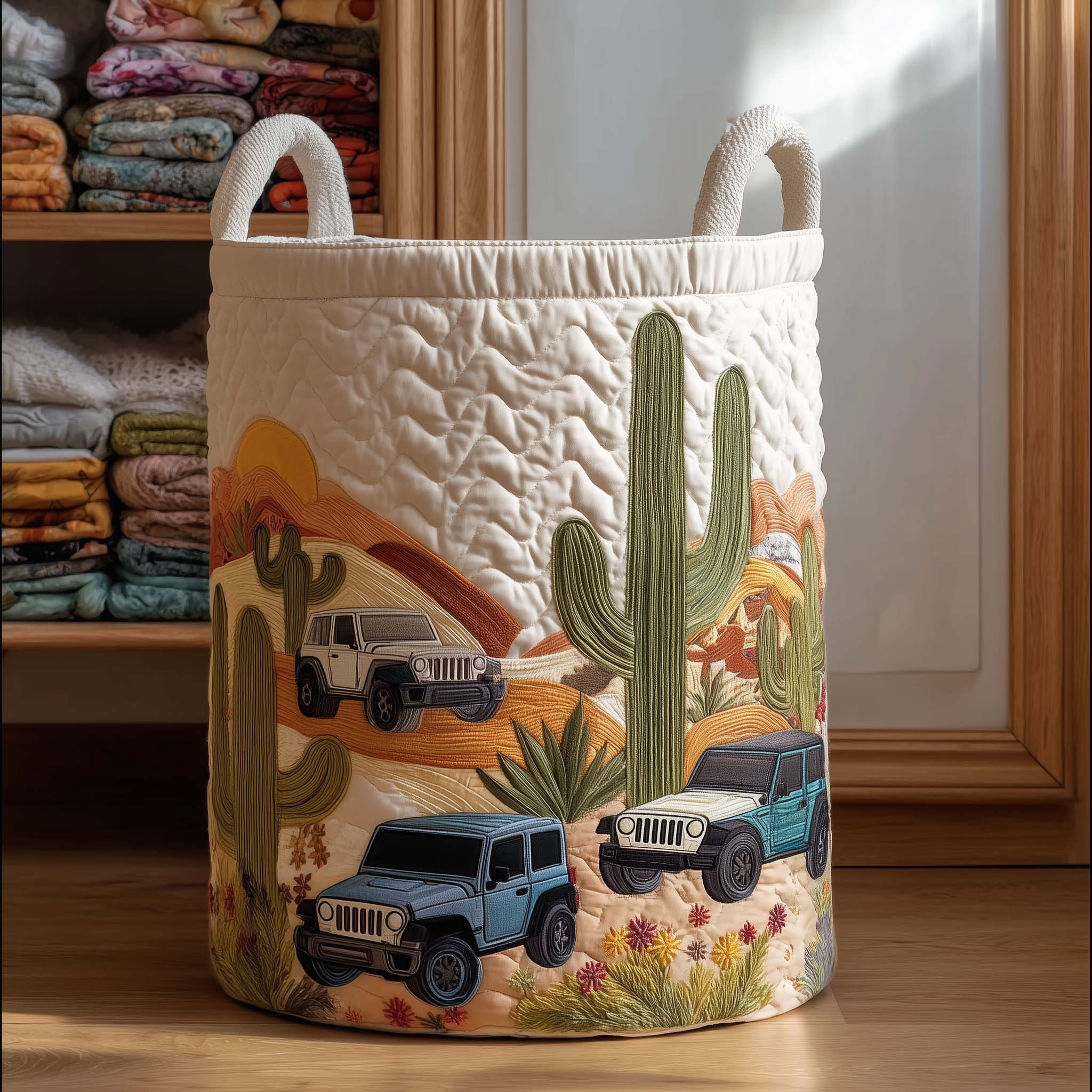 Cactus Jeep Sunset Quilted Laundry Basket Rustic Home Decor Gifts For Jeep Lovers