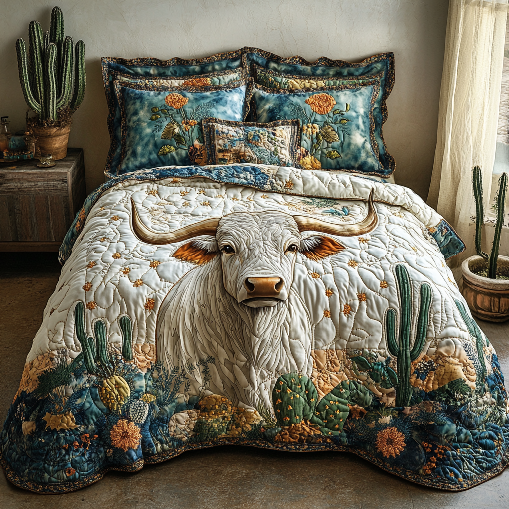 Cactus Longhorn Quilted Bedding Set Cute Room Decor Highland Cow Gifts For Her