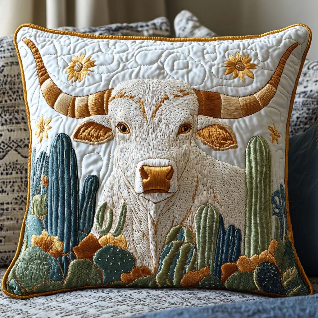 Cactus Longhorn Quilted Pillow Case Animal Home Decor Cow Lover Gifts