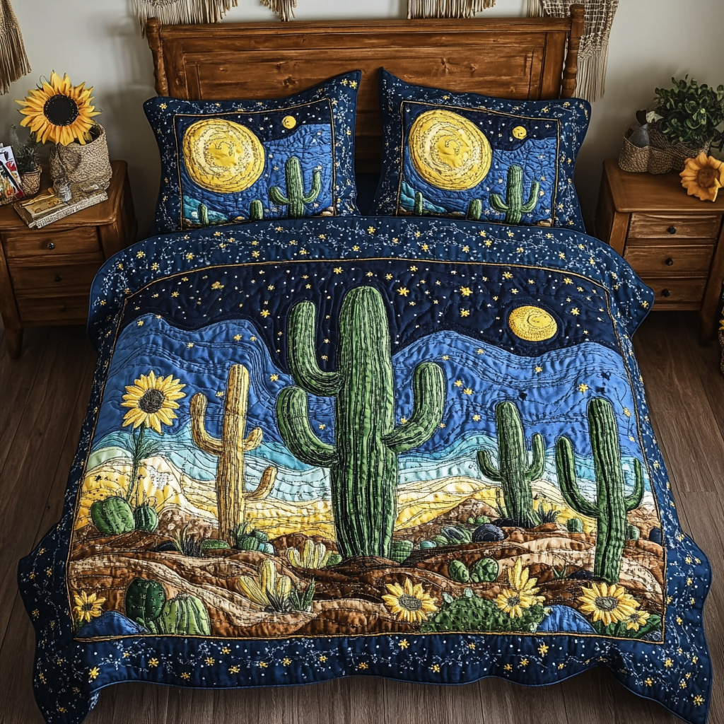 Cactus Moon Quilted Bedding Set Unique Bed Sheet Set Cactus Related Gifts